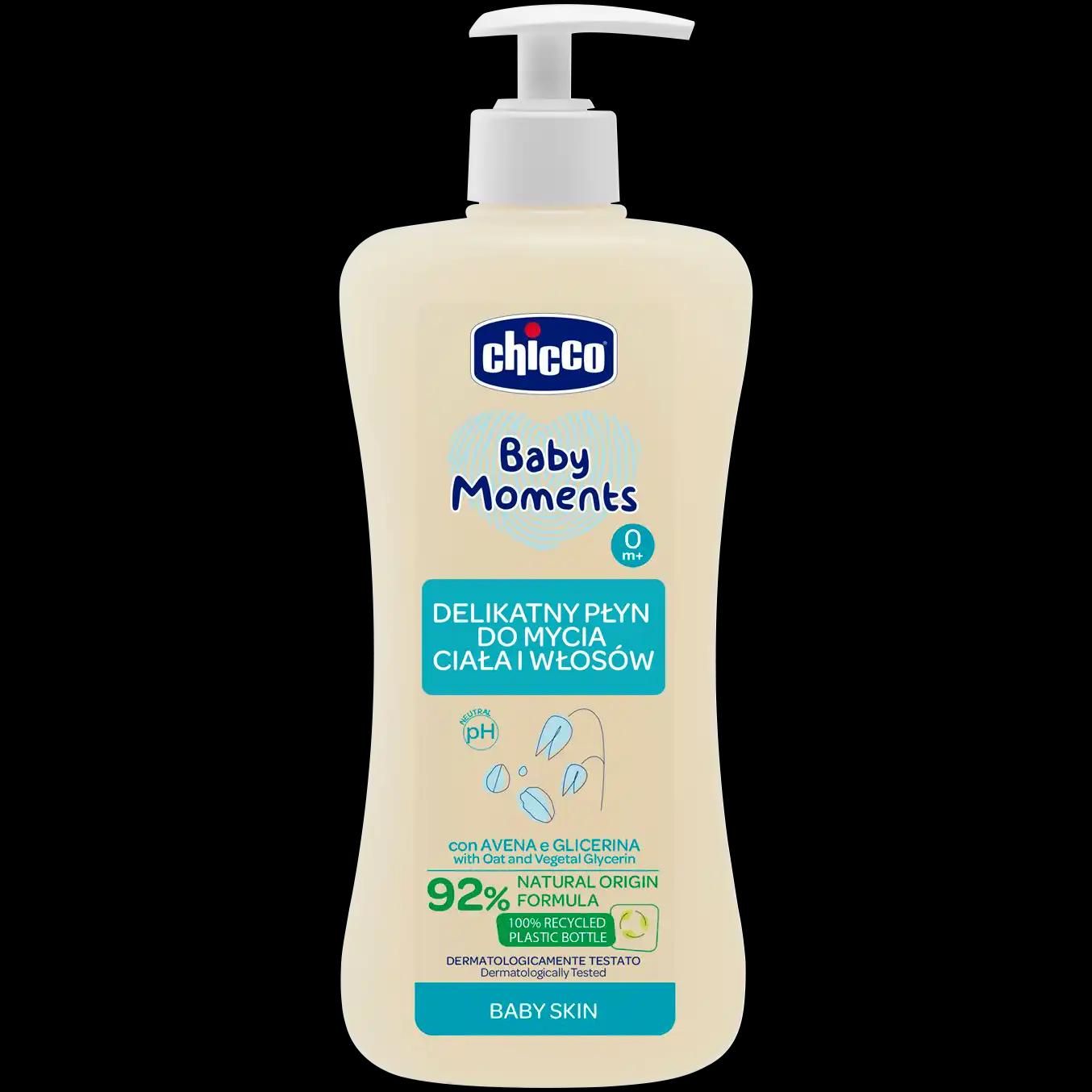 Chicco Baby Moments Baby Skin 0m+ delikatny płyn do mycia ciała i włosów dla dzieci, 500 ml