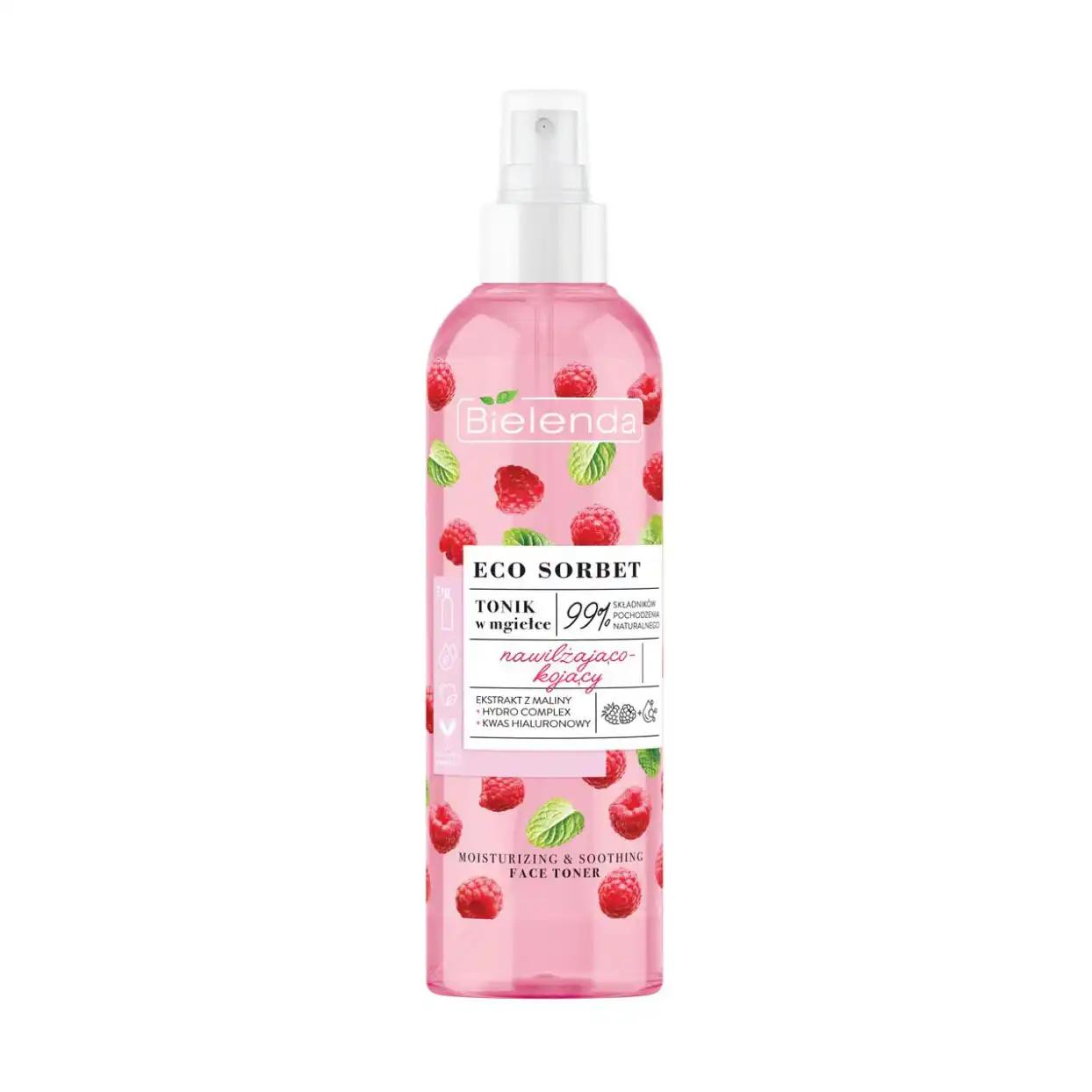 Bielenda Зволожувальний та заспокійливий тонік-спрей для обличчя Eco Sorbet Raspberry Moisturizing & Soothing Face Toner з екстрактом малини, 200 мл