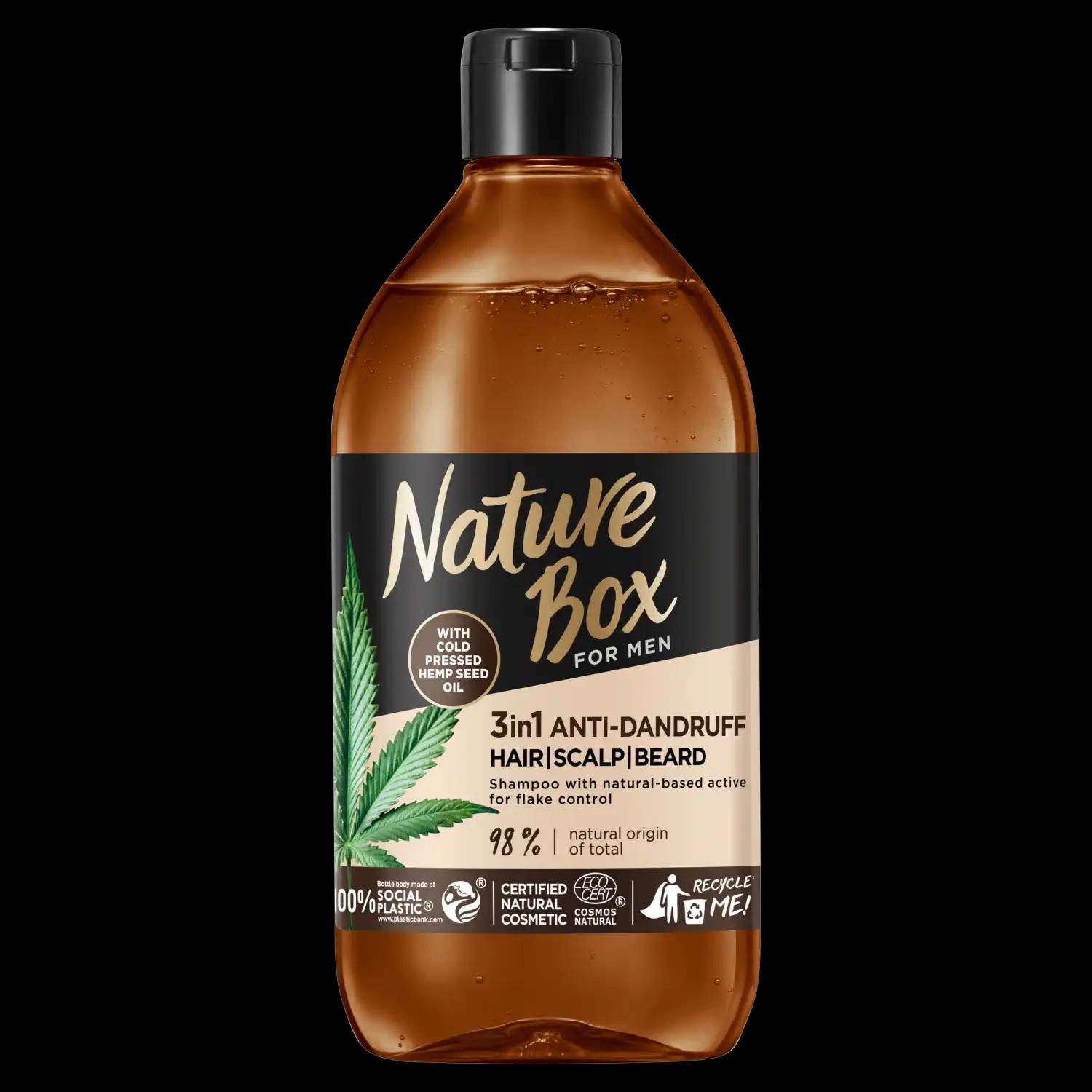 Nature Box For Men Hemp Oil 3In1 do włosów, skóry głowy i brody, przeciwłupieżowy męski 385 ml