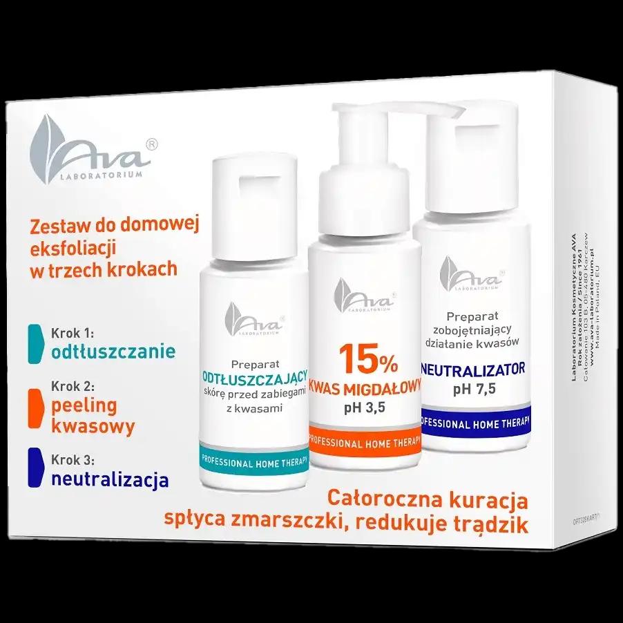 AVA Laboratorium zestaw: preparat odtłuszczający, 50 ml + neutralizator ph 7,5, 50 ml + 15% kwas migdałowy ph 3,5, 50 ml